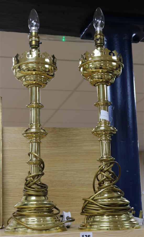 A pair of converted church candlesticks H.53cm not incl fitt
